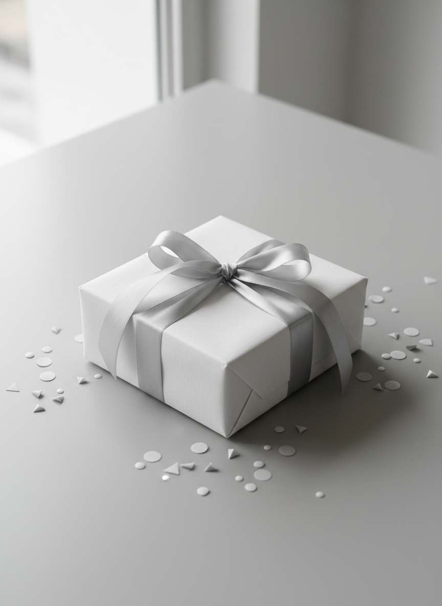 A meticulously wrapped gift box crafted from textured matte white paper with a crisp, satin-finish silver ribbon tied in an elegant bow. The box is precisely centered on a clean, neutral gray tabletop, surrounded by a subtle scatter of minimalistic, monochrome confetti. Soft, diffused daylight pours in from a large off-frame window, creating balanced highlights on the ribbon and gentle shadows beneath the box. The scene exudes a calm, intentional atmosphere with a professional, structured composition using the rule of thirds. Photographic realism and a modern, corporate aesthetic reinforce the sense of trust and expertise, perfectly echoing the site’s commitment to quality gift recommendations.