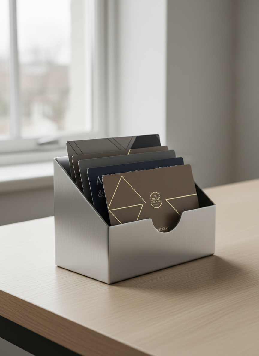 A gleaming, brushed metal desk organizer holding an array of artfully laid out, high-end gift cards in muted color palettes of gray, navy, and taupe. The organizer rests atop a pale oak desk with clean lines and no clutter, highlighted by soft, overcast window light that produces subtle gradients across the metallic surfaces. The composition is balanced and neat, captured from a slightly elevated, eye-level angle to emphasize order and clarity. The mood is polished and efficient, reflecting the site’s professional approach to curating trustworthy and stylish gifts.