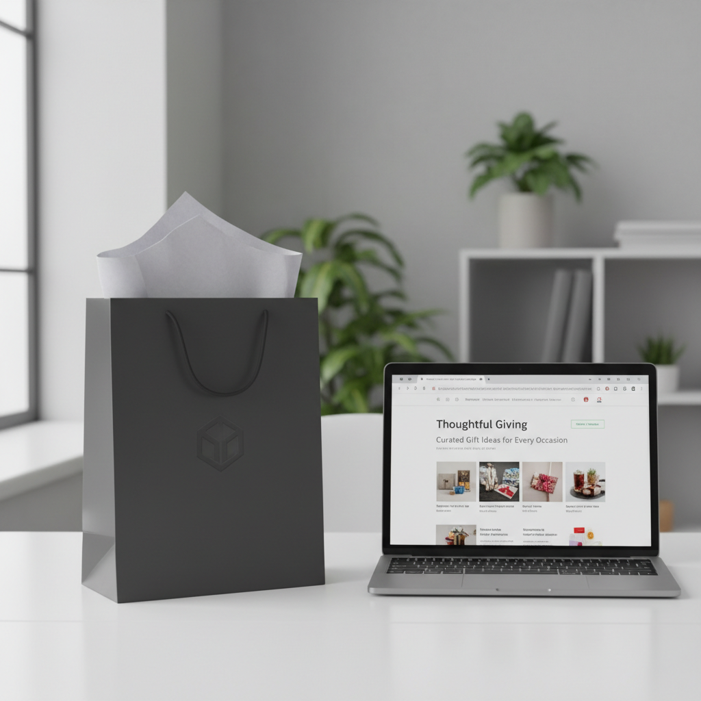A sleek, contemporary gift bag made from heavyweight matte charcoal paper with a structured silhouette and minimalistic embossed logo, standing upright on a spotless white desk. The bag includes a tastefully folded sheet of pale gray tissue peeking from the top. Nearby, an open laptop with a professionally designed blog page about gift ideas is visible. Illuminated by crisp, indirect office lighting, the image boasts a sharp, well-lit foreground and a subdued, softly blurred background. The composition is centered and organized, exuding a businesslike yet welcoming atmosphere ideal for a trustworthy gift advisory blog.