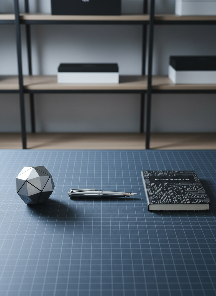 An immaculately arranged set of modern hobbyist items—such as a chrome fountain pen, a polished geometric puzzle, and a tech-inspired notebook—laid out precisely on a structured slate-blue workstation mat. These items are spaced evenly, each casting gentle, defined shadows from cool studio lighting. The backdrop is minimalist, with only faint hints of a structured shelving unit in the blurred background. Shot with sharp focus and a clean, corporate composition, the image communicates a mood of thoughtful consideration and expertise, showcasing the site’s dedication to sourcing gifts tailored to a variety of interests.