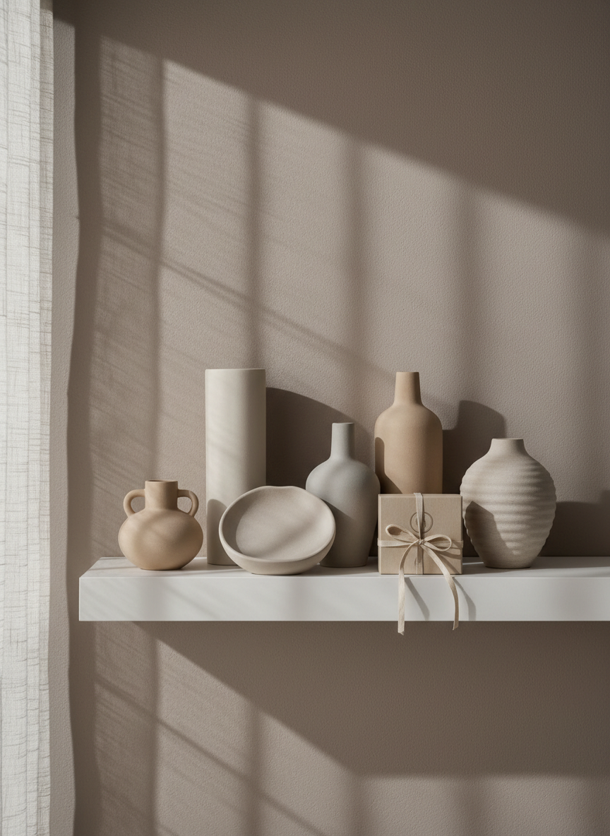 A collection of decorative, neutral-toned ceramic vases of varying heights and matte finishes, strategically arranged on a floating white shelf against an elegant taupe wall. The vases are accompanied by a stylishly presented, small gift box with minimalist branding, subtly highlighted by indirect natural light filtering through sheer blinds. The lighting produces long, soft-edged shadows for depth while maintaining a bright, airy backdrop. The shot is composed from a slightly off-center, wide-angle perspective, creating a sense of refined modernity and balance in line with the site’s clean, professional identity and focus on high-quality decor gifts.